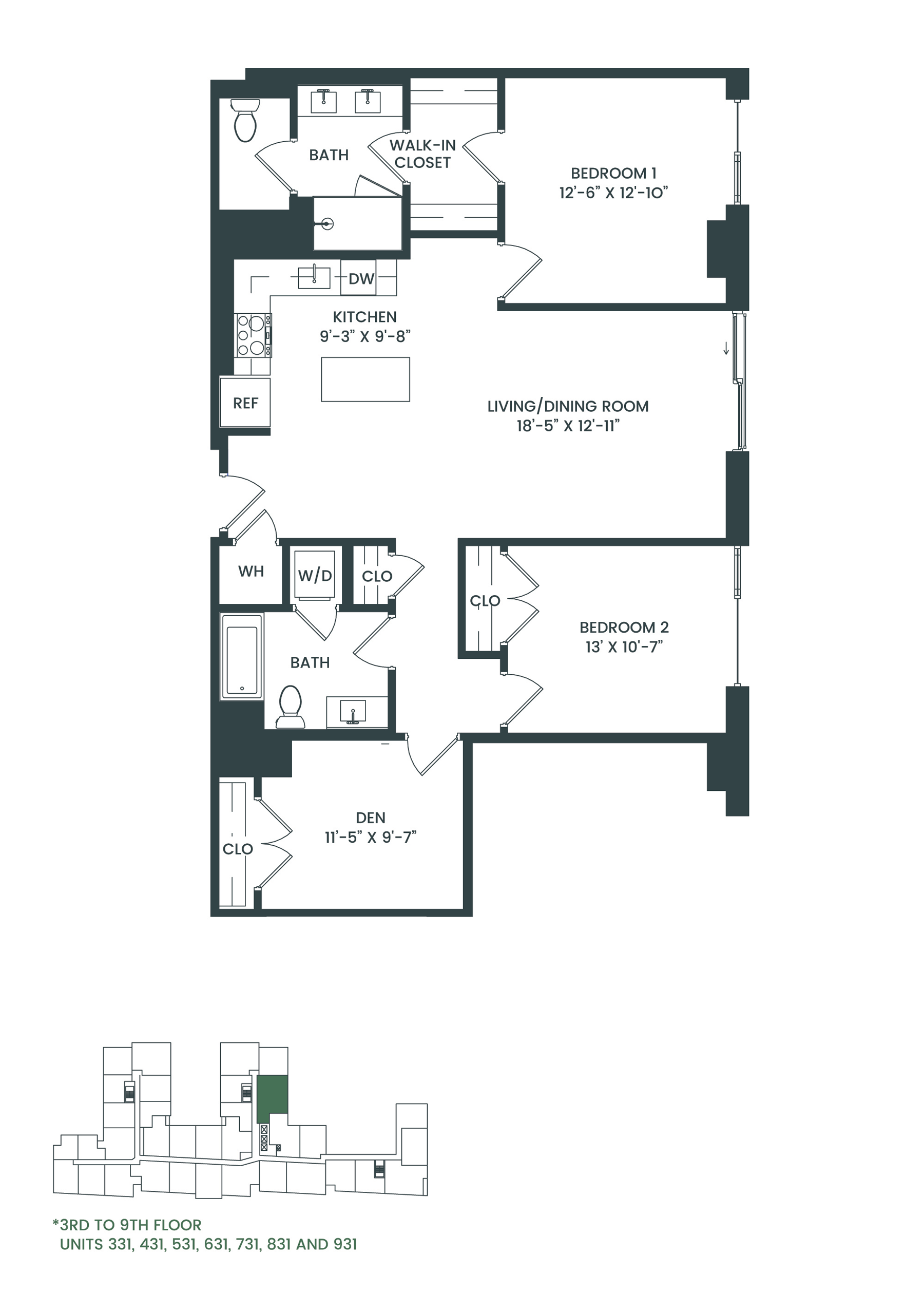 Floor plan for 2 beds, 2 baths, 1297 sqft