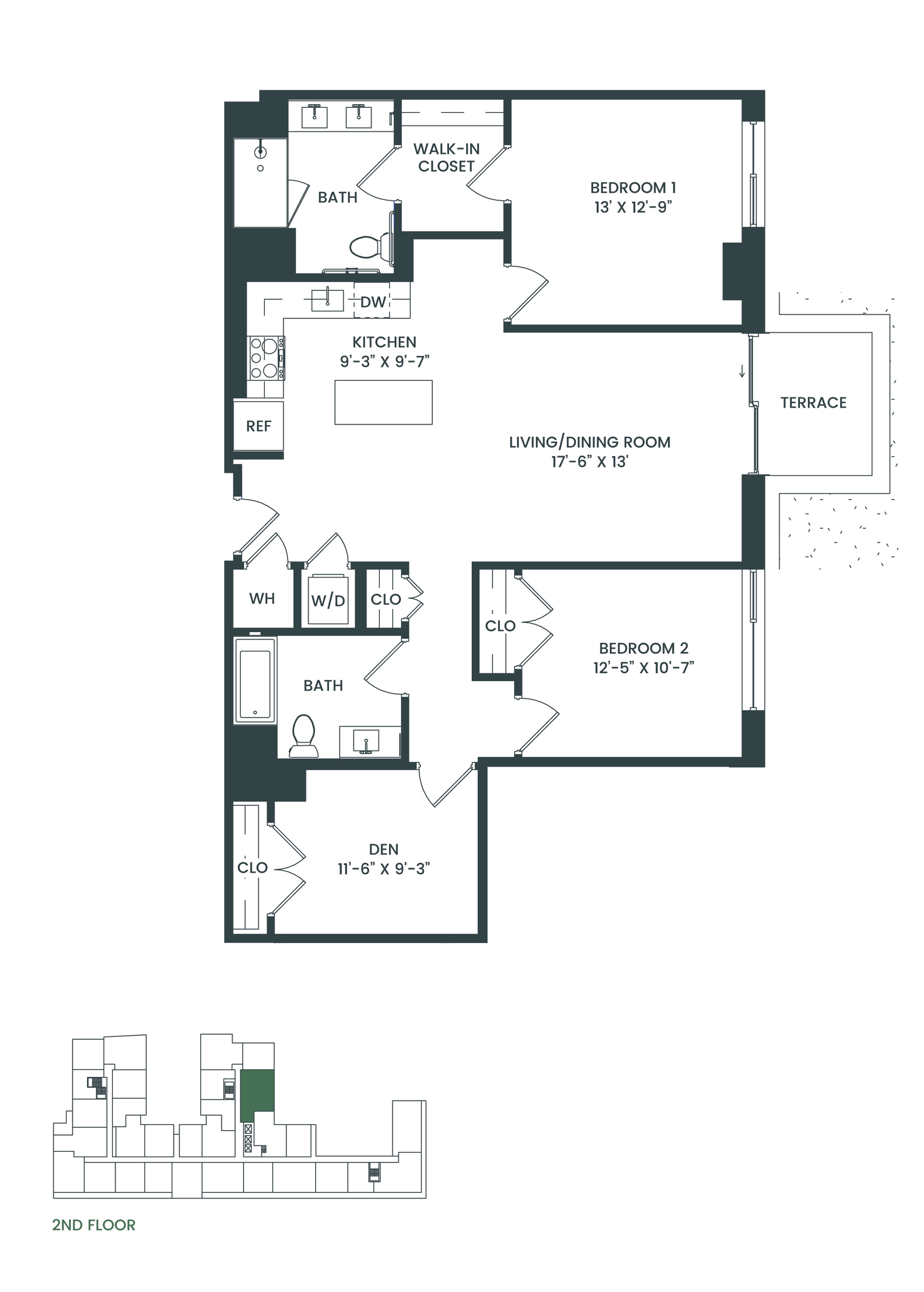 Floor plan for 2 beds, 2 baths, 1297 sqft