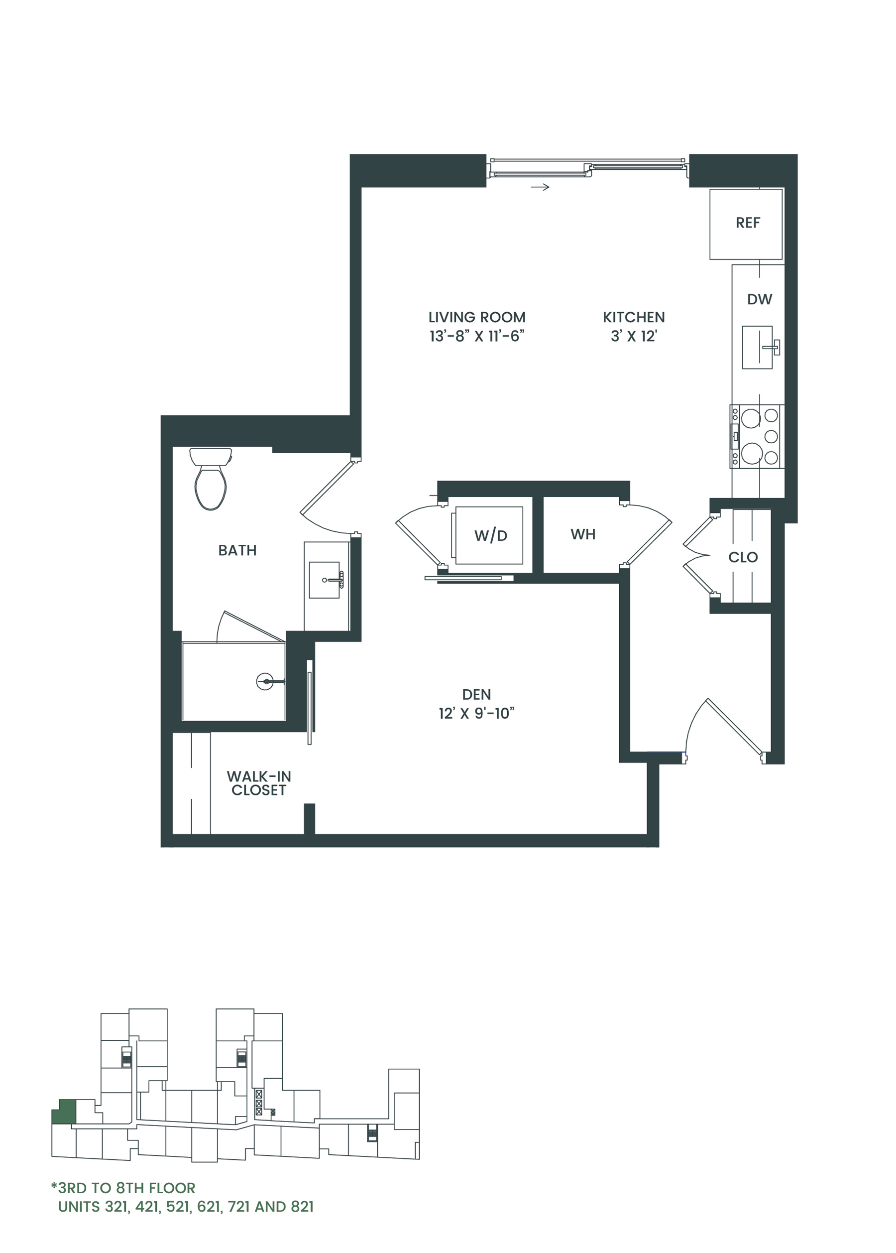 Floor plan for studio, 1 bath, 566 sqft