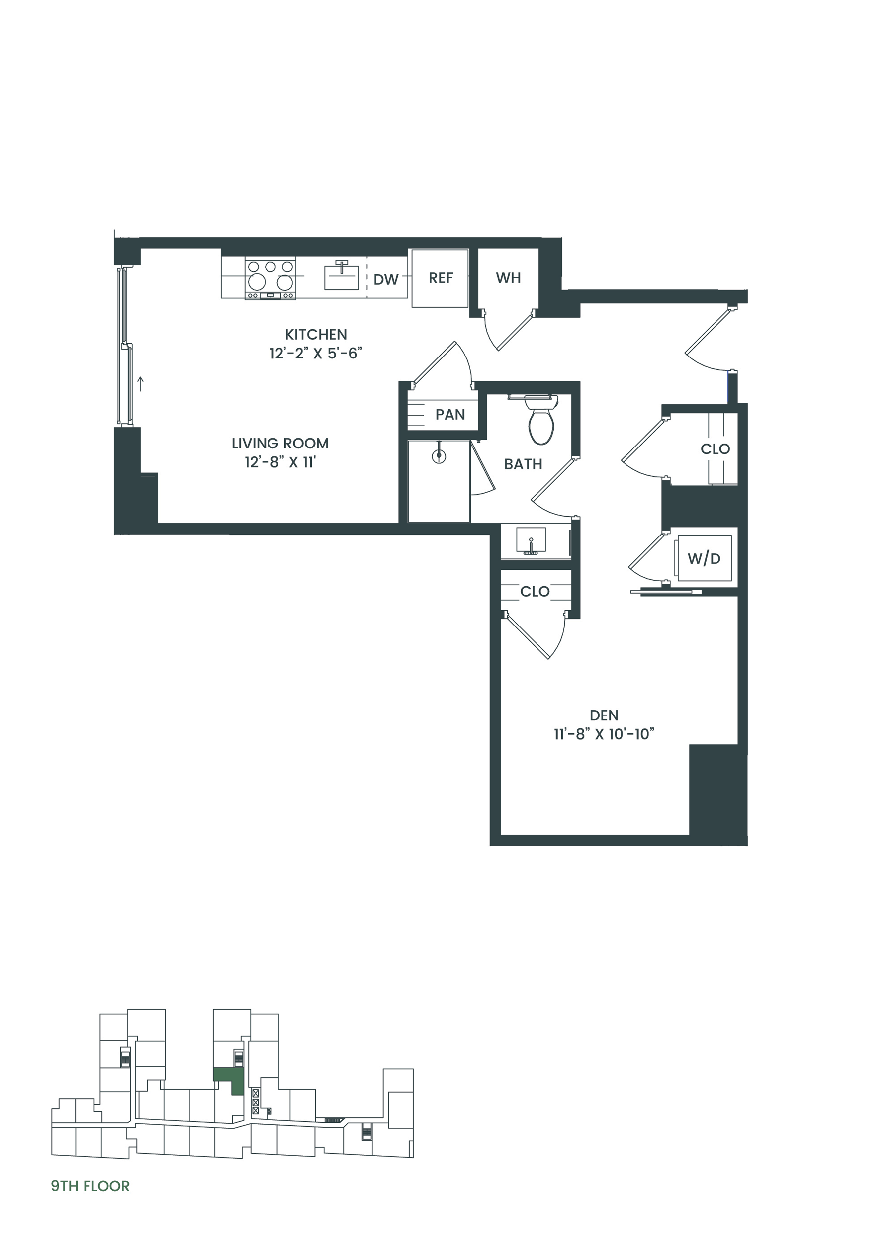 Floor plan for studio, 1 bath, 602 sqft