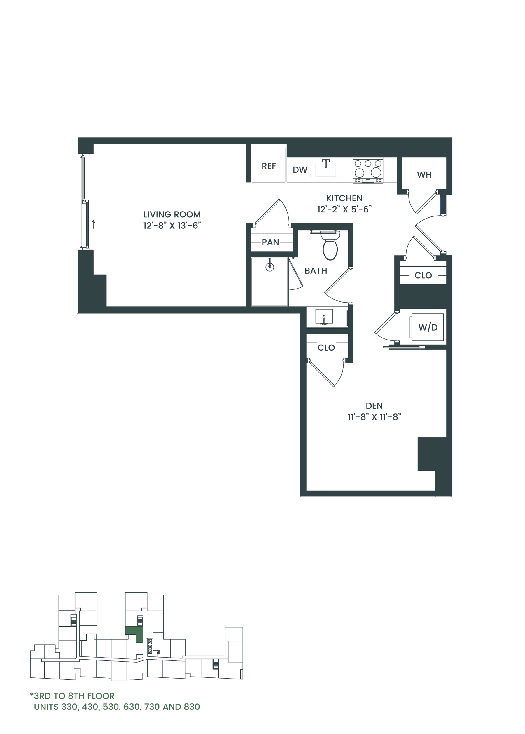 Floor plan for studio, 1 bath, 623 sqft