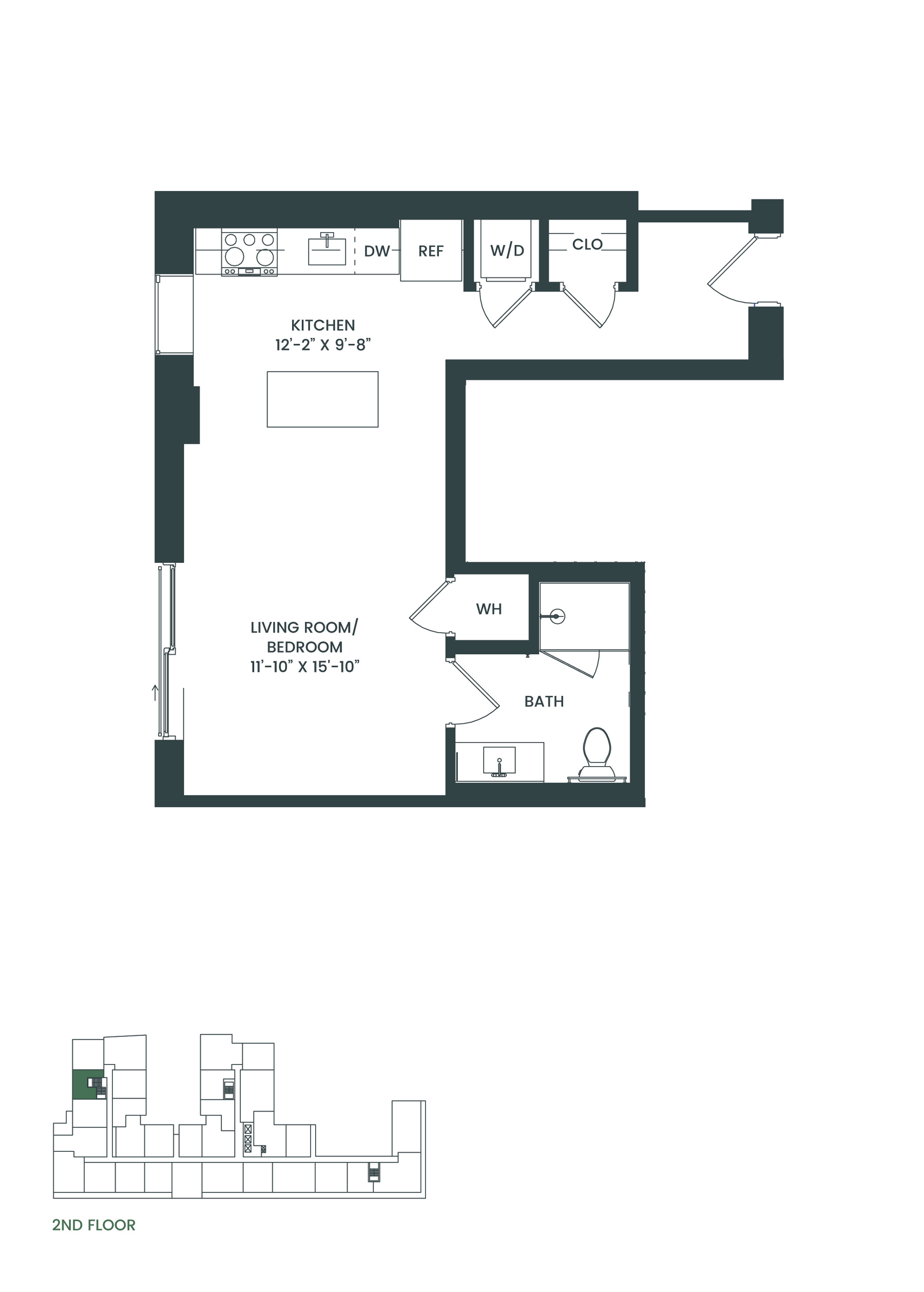 Floor plan for studio, 1 bath, 567 sqft