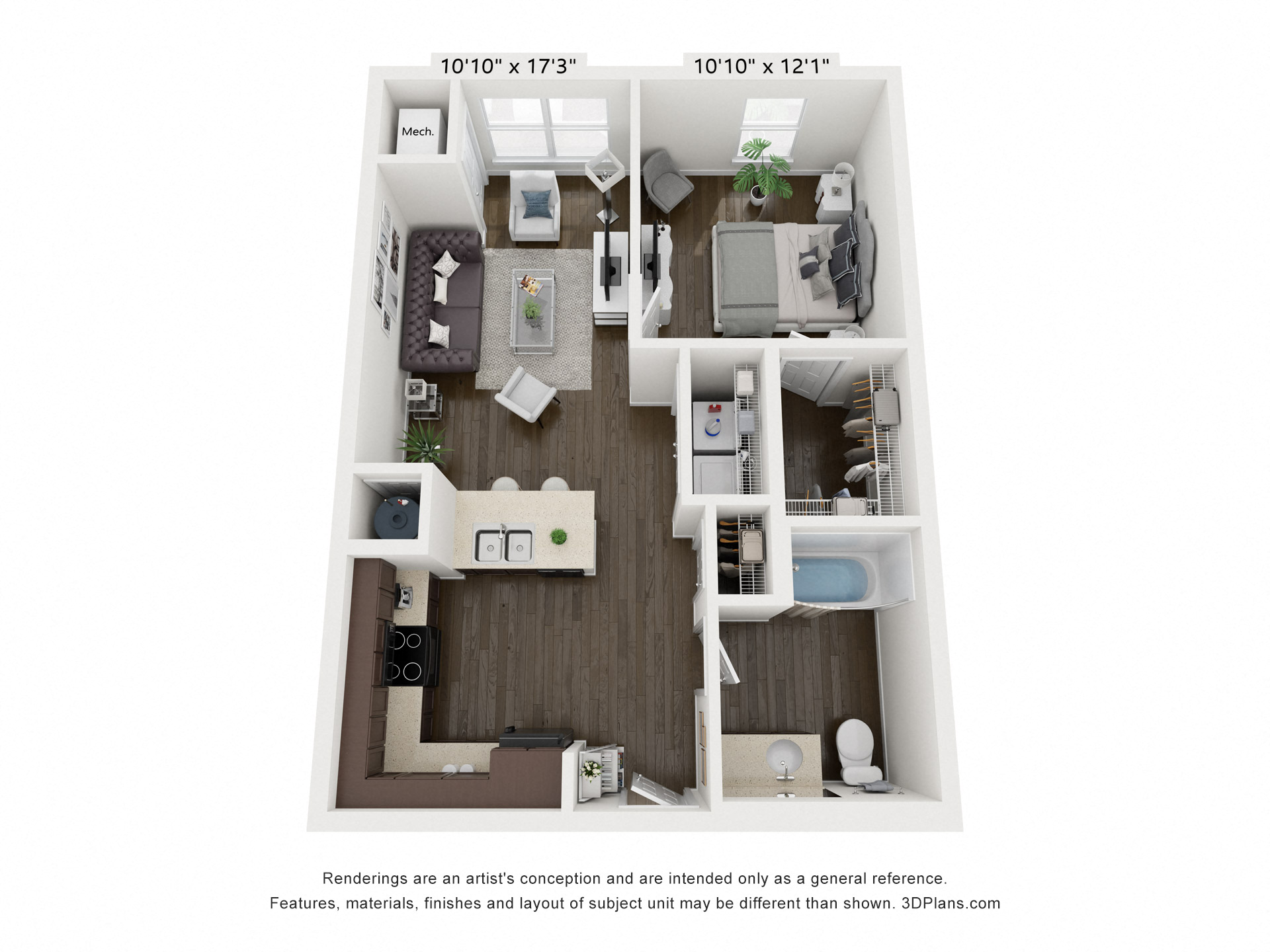 Floor plan for 1 bed, 1 bath, 750 sqft