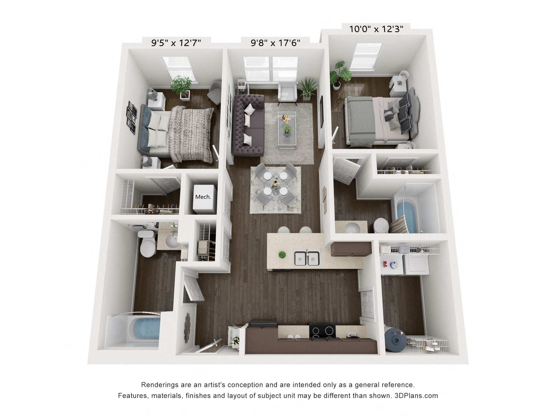 Floor plan for 2 beds, 2 baths, 950 sqft