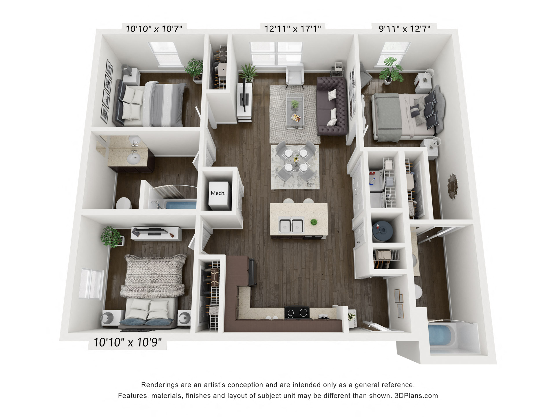 Floor plan for 3 beds, 2 baths, 1150 sqft