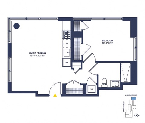 Floor plan for 1 bed, 1 bath, 701 sqft