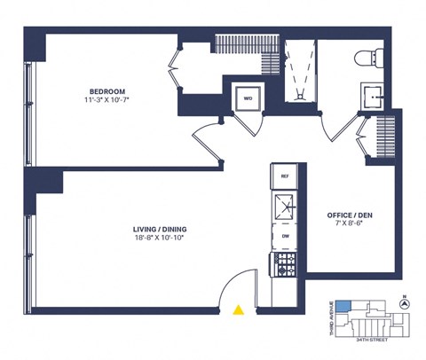 Floor plan for 1 bed, 1 bath, 781 sqft