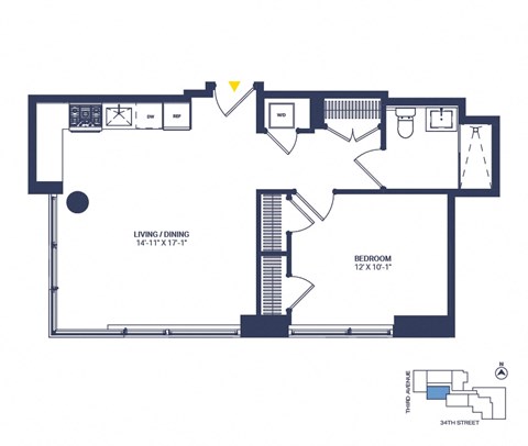Floor plan for 1 bed, 1 bath, 720 sqft