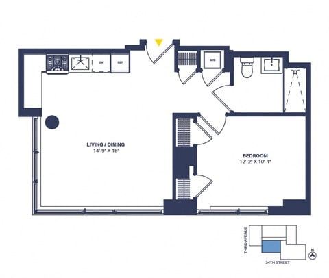 Floor plan for 1 bed, 1 bath, 687 sqft