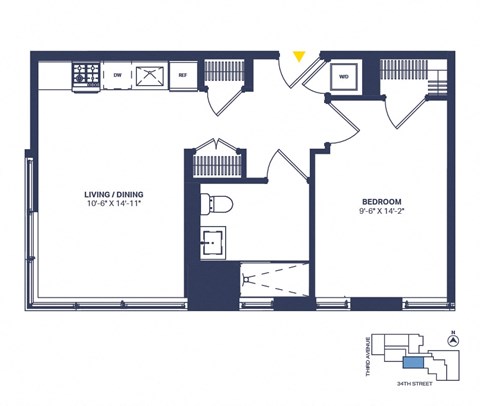 Floor plan for 1 bed, 1 bath, 626 sqft