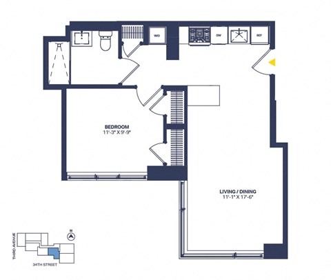 Floor plan for 1 bed, 1 bath, 653 sqft