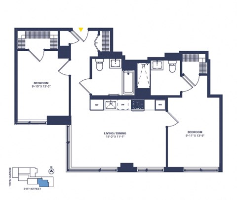 Floor plan for 2 beds, 2 baths, 972 sqft