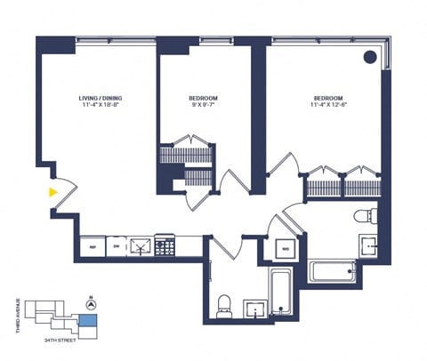 Floor plan for 2 beds, 2 baths, 922 sqft