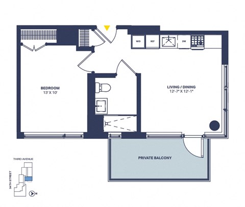 Floor plan for 1 bed, 1 bath, 590 sqft