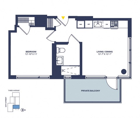 Floor plan for 1 bed, 1 bath, 589 sqft
