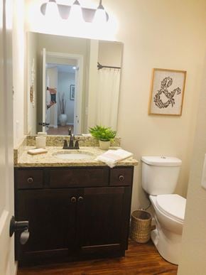 Dodge City apartment for rent - A bathroom with a sink, toilet, and a mirror.