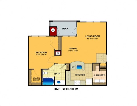 Floor plan for 1 bed, 1 bath, 837 sqft