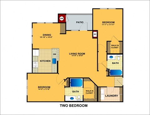 Floor plan for 2 beds, 2 baths, 1234 sqft
