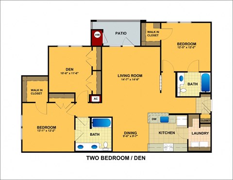 Floor plan for 2 beds, 2 baths, 1319 sqft