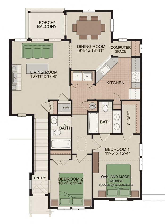 Floor plan for 2 beds, 2 baths, 1164 sqft