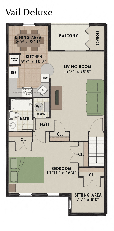 Floor plan for 1 bed, 1 bath, 870 sqft