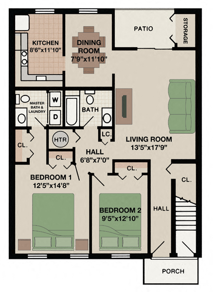 Floor plan for 2 beds, 2 baths, 1093 sqft