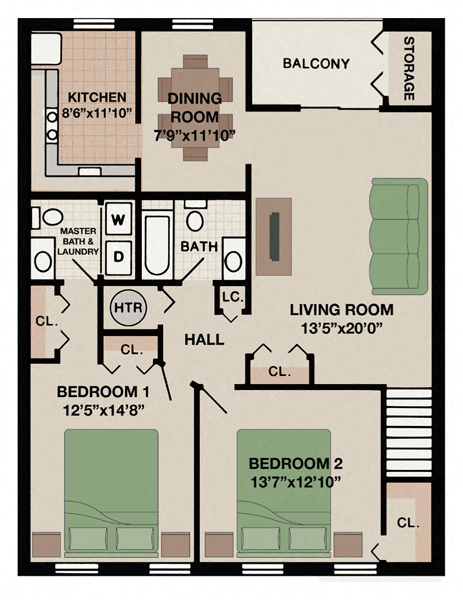 Floor plan for 2 beds, 1.5 baths, 1150 sqft
