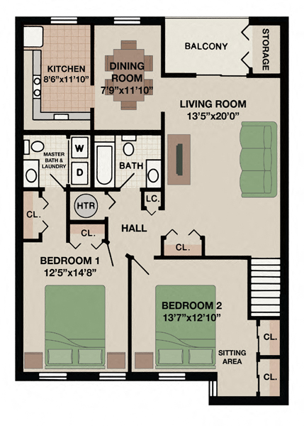 Floor plan for 2 beds, 2 baths, 1190 sqft