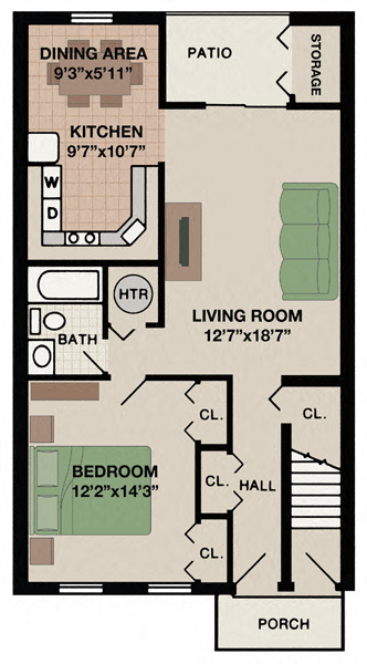 Floor plan for 1 bed, 1 bath, 793 sqft