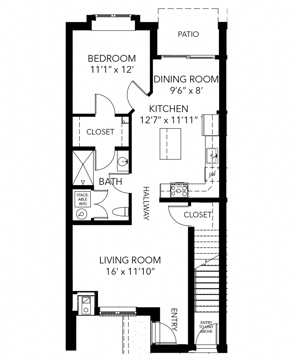 Floor plan for 1 bed, 1 bath, 875 sqft