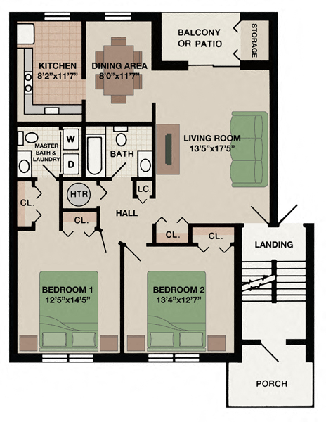 Floor plan for 2 beds, 1.5 baths, 1150 sqft