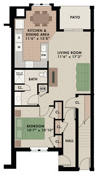Floor plan for 1 bed, 1 bath, 853 sqft