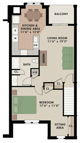 Floor plan for 1 bed, 1 bath, 917 sqft