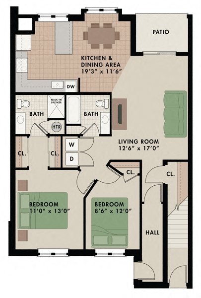 Floor plan for 2 beds, 2 baths, 1167 sqft