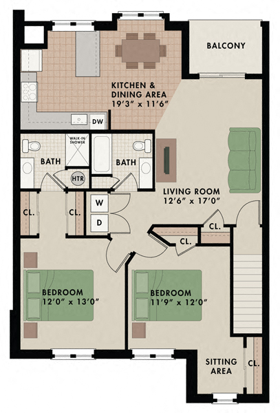 Floor plan for 2 beds, 2 baths, 1230 sqft