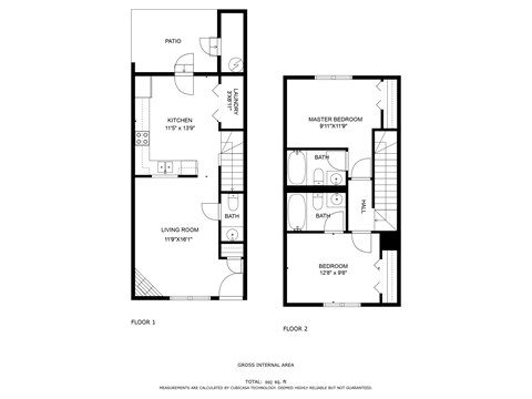Floor plan for 2 beds, 2.5 baths, 992 sqft