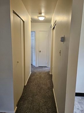 Youngstown house for rent - a hallway with a carpeted floor and white walls and a door to a closet