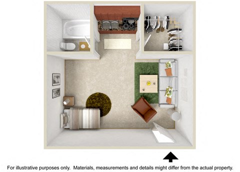 Floor plan for studio, 1 bath, 480 sqft