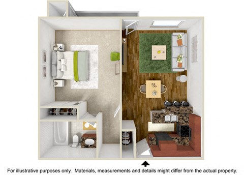 Floor plan for 1 bed, 1 bath, 650 sqft
