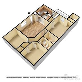 Goldsboro apartment for rent - A floor plan of an apartment with a kitchen, living room, and bedrooms.