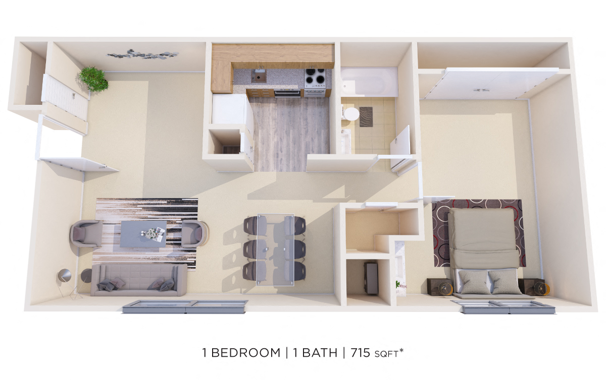 Floor plan for 1 bed, 1 bath, 715 sqft
