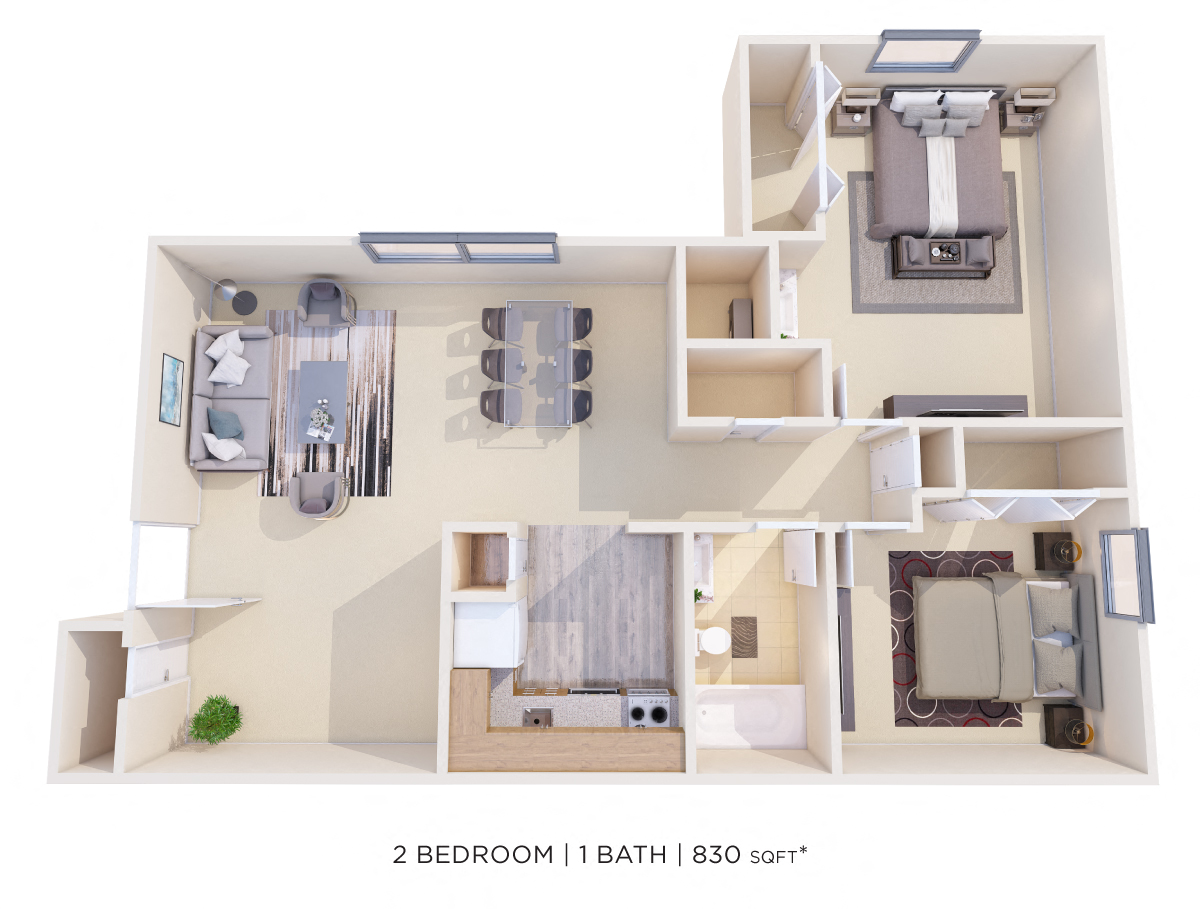 Floor plan for 2 beds, 1 bath, 830 sqft