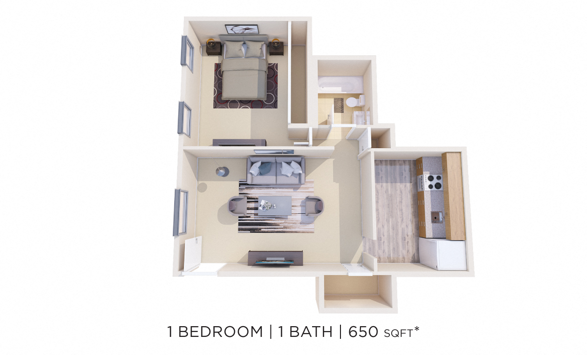 Floor plan for 1 bed, 1 bath, 650 sqft