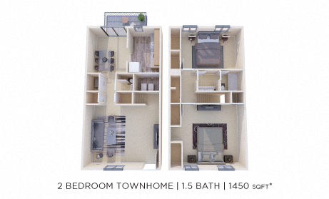 Floor plan for 2 beds, 1.5 baths, 1450 sqft