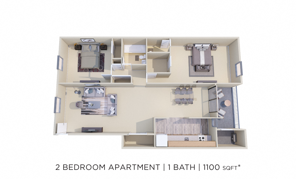 Floor plan for 2 beds, 1.5 baths, 1100 sqft