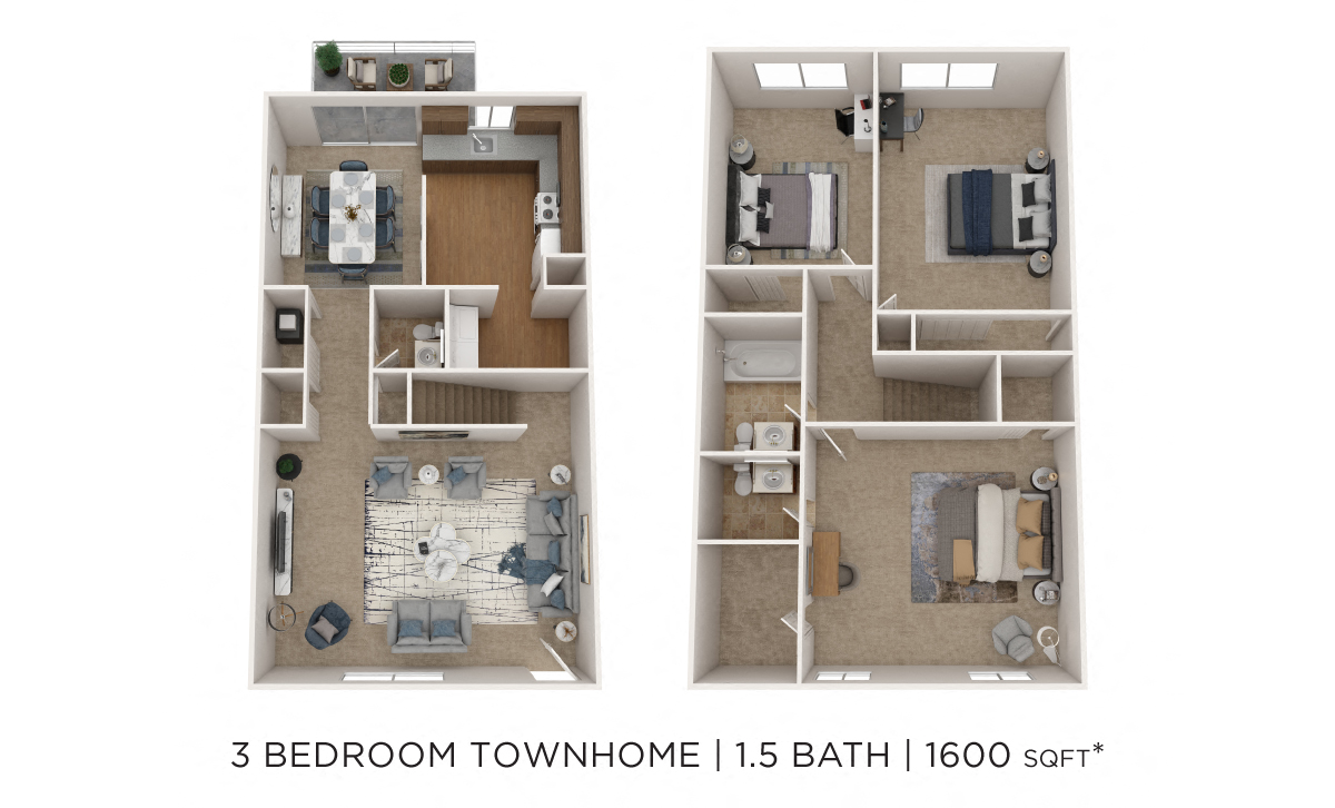 Floor plan for 3 beds, 1.5 baths, 1600 sqft