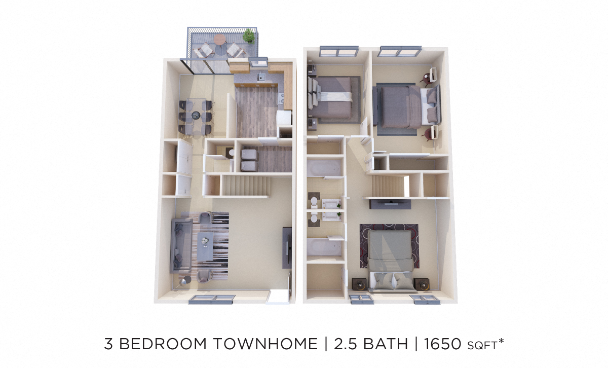 Floor plan for 3 beds, 2.5 baths, 1650 sqft