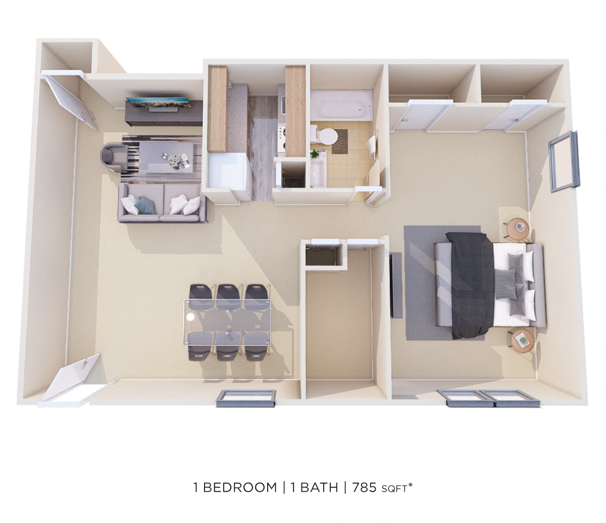 Floor plan for 1 bed, 1 bath, 785 sqft