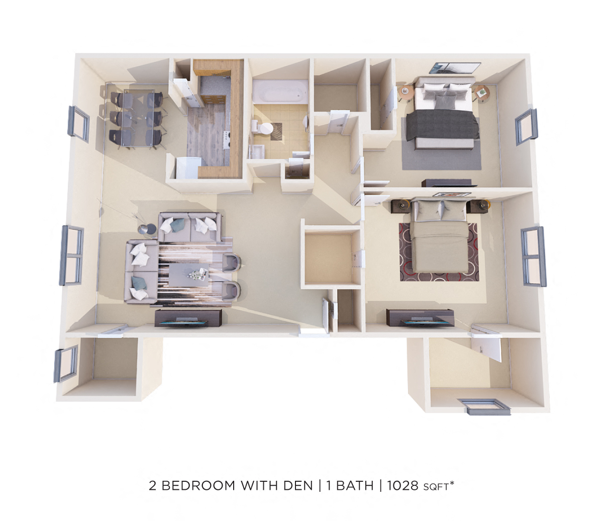 Floor plan for 2 beds, 1 bath, 1028 sqft