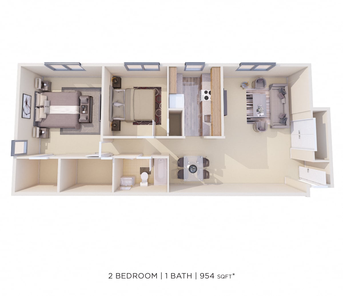Floor plan for 2 beds, 1 bath, 970 sqft